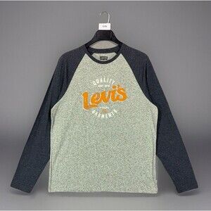 Levi's Men Large Raglan Tee OLIVER Heathered Grey Speckled Long Sleeve Graphic